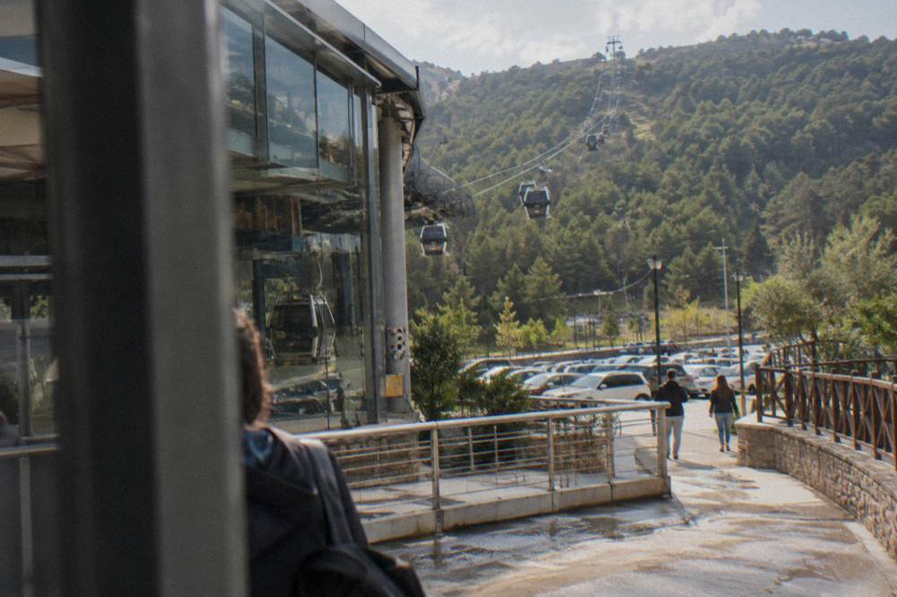 Cable car cabins rising above pine forest on the way up Mount Dajti