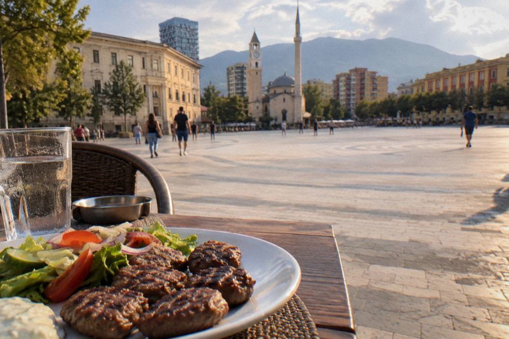 A plate of grilled qofte meatballs with salad on a restaurant table in Tirana