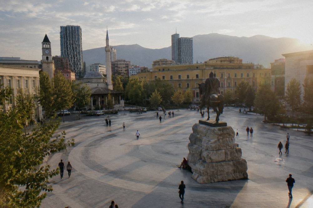 Skanderbeg Square in central Tirana with the equestrian statue and ministry facades