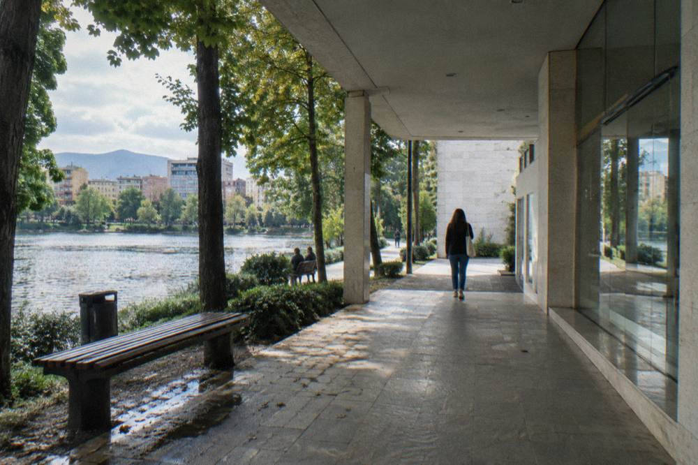 Covered walkway in soft grey light