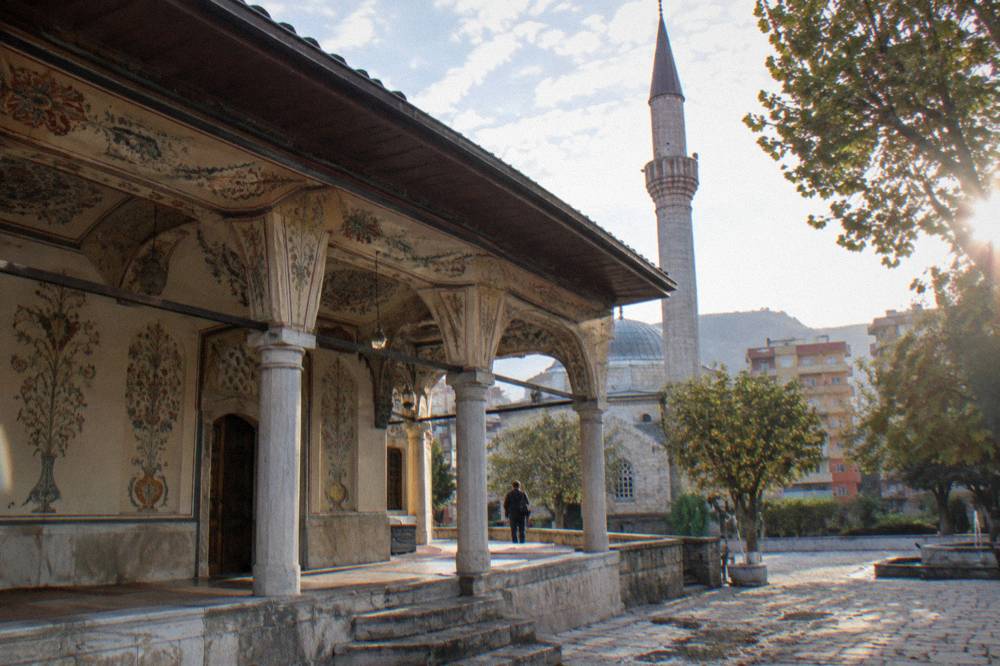 The frescoed portico of the Et'hem Bey Mosque in Tirana